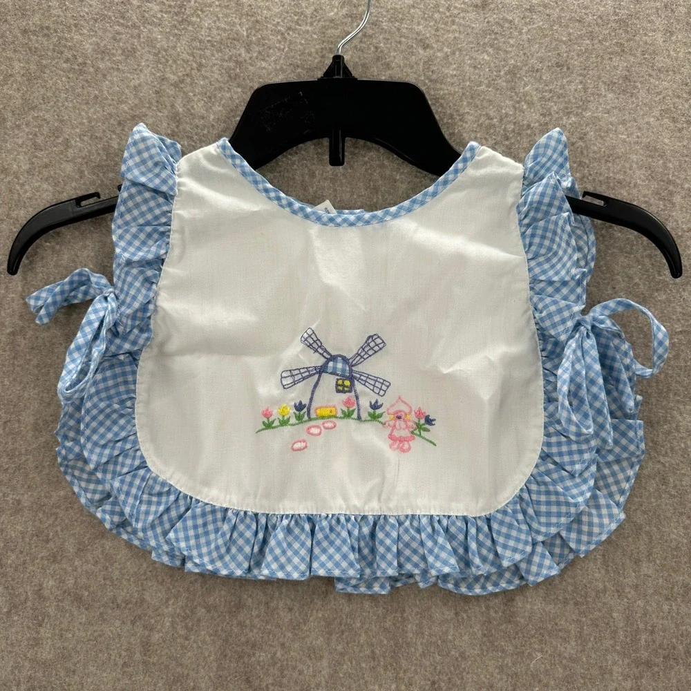 Vintage Baby Bib Blue Gingham Windmill Embroidered Ruffles Ties‎